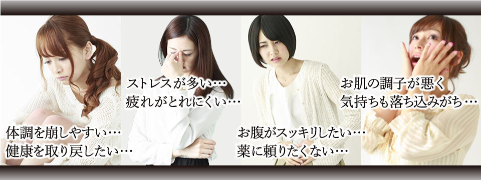 体調を崩しやすい…。健康を取り戻したい…。毎朝スッキリしたい…。薬に頼りたくない…。ストレスが多い毎日…。なんだか最近疲れやすい…。ツヤツヤになりたい…。食生活が気になる…。