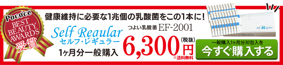 つよい乳酸菌EF-2001 健康維持に必要な1兆個の乳酸菌をこの1本に! 「ポコチェ ベストビューティーアワード受賞！」セルフ・レギュラー 1ヶ月分30包入 6,480円(税込)(※送料無料)一般購入1ヶ月分30包入りを「今すぐ購入する」